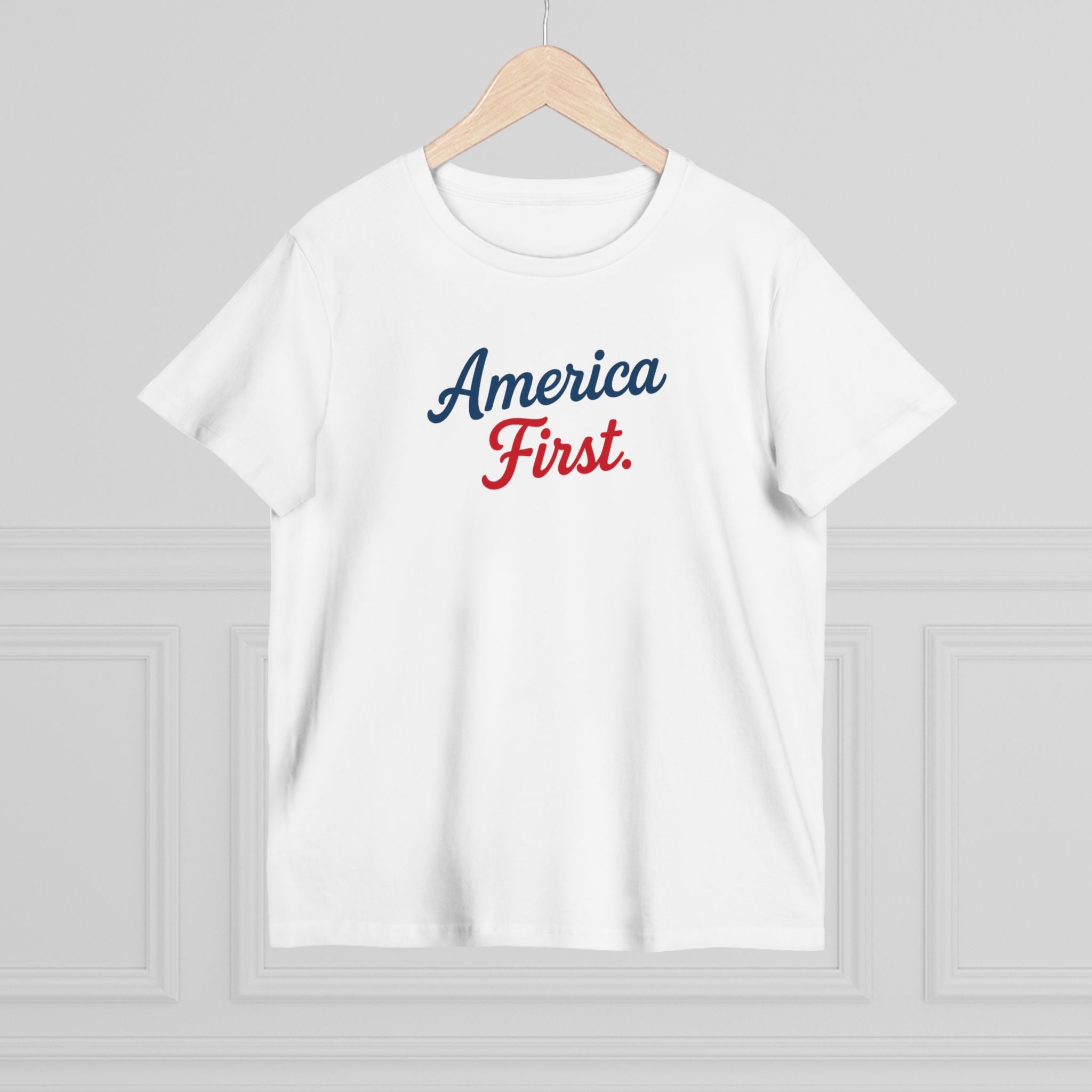 America First Women’s Maple Tee — Patriotic Red & Blue Graphic T-Shirt