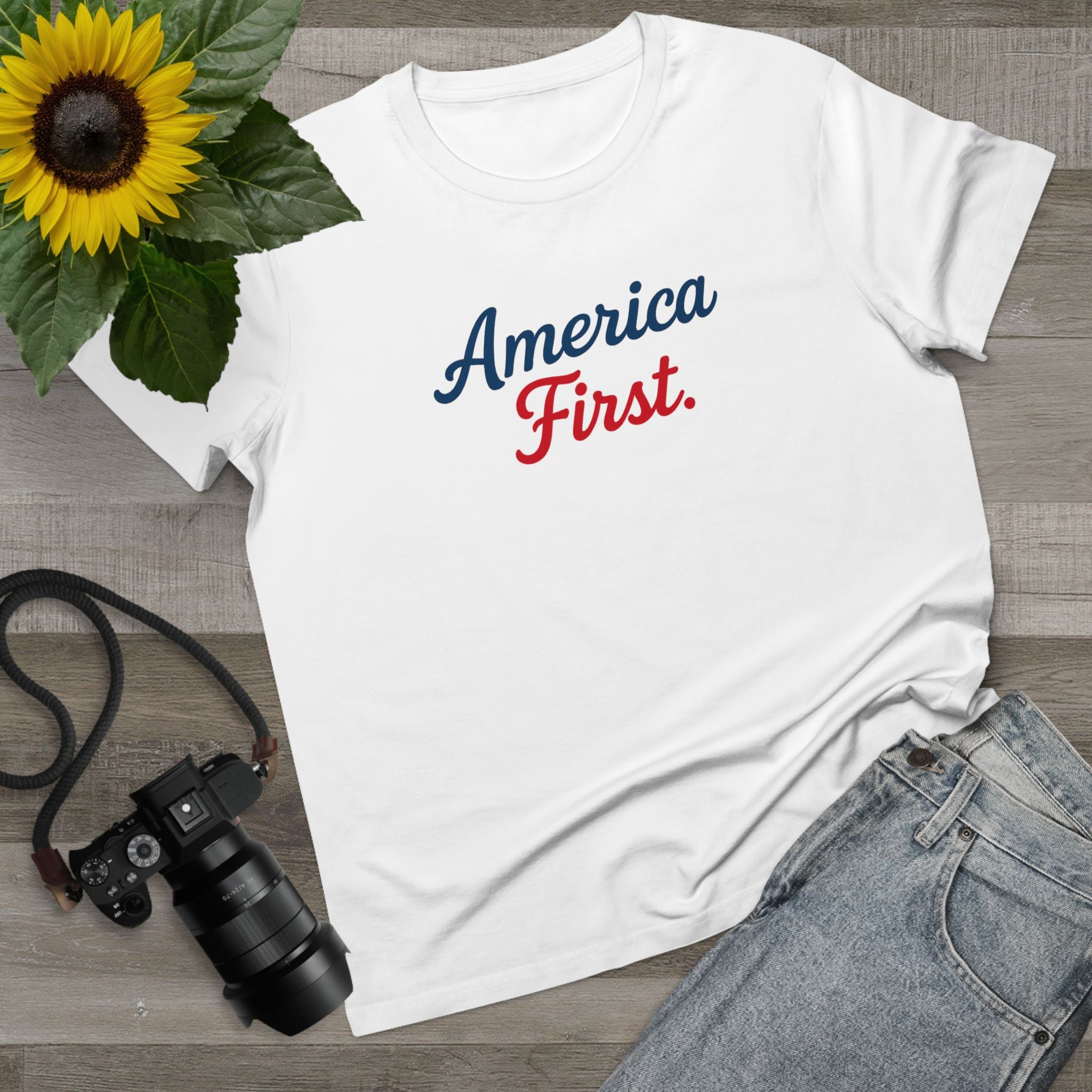 America First Women’s Maple Tee — Patriotic Red & Blue Graphic T-Shirt