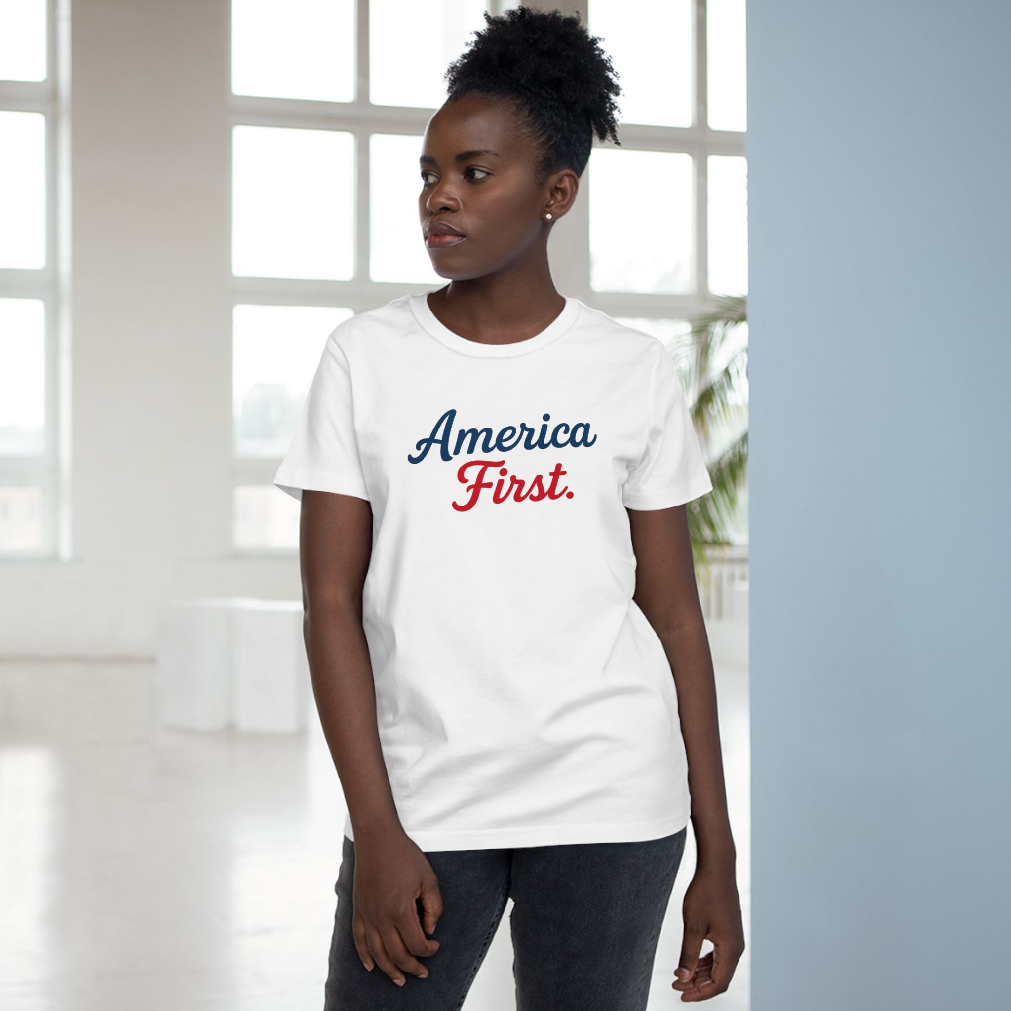 America First Women’s Maple Tee — Patriotic Red & Blue Graphic T-Shirt