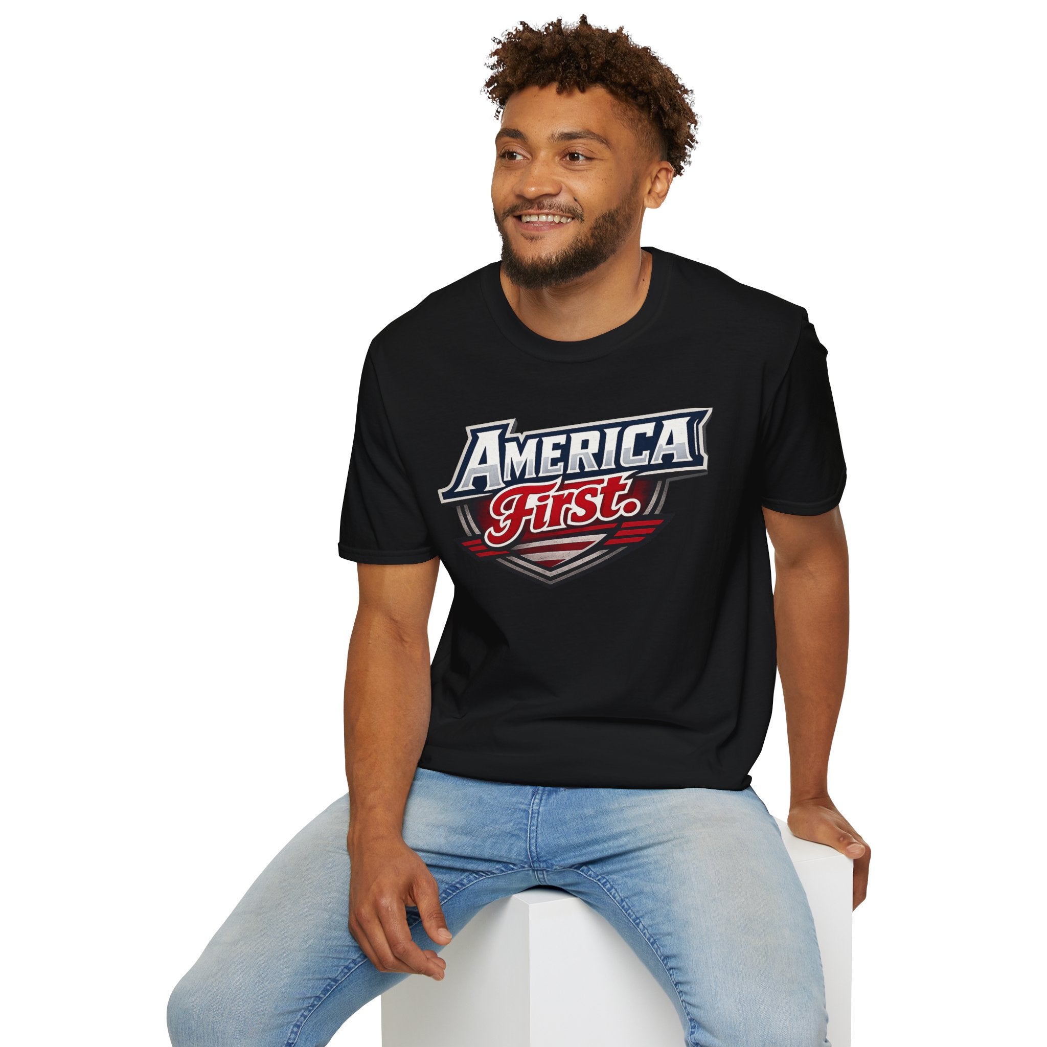 America First T-Shirt — Patriotic Logo Tee (Red, White & Blue)