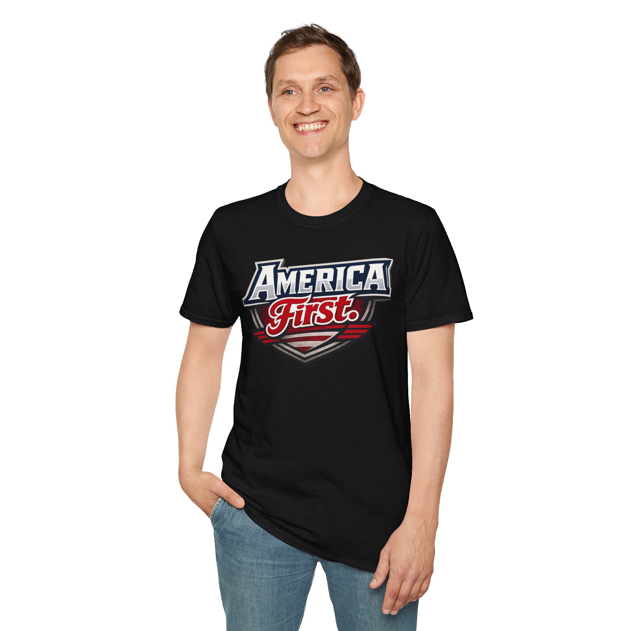 America First T-Shirt — Patriotic Logo Tee (Red, White & Blue)
